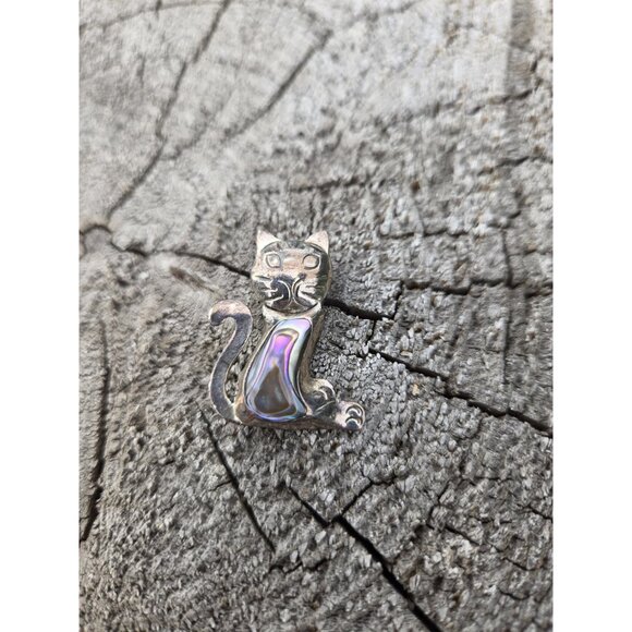 Taxco Cat Brooch Pin Abalone Shell Sterling Silver Vintage Jewelry Cute Retro - Picture 3 of 10